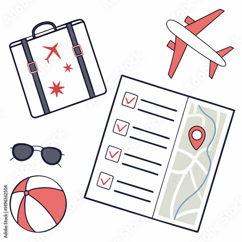 Travel checklist airplane suitcase beach ball sunglasses map
