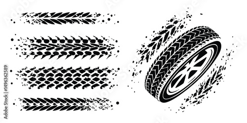 Tire tread marks, texture, tire marks - car races, motocross, drift, rally, off-road and other. Vector black isolated texture in grunge style with splashes. Black and white vector .