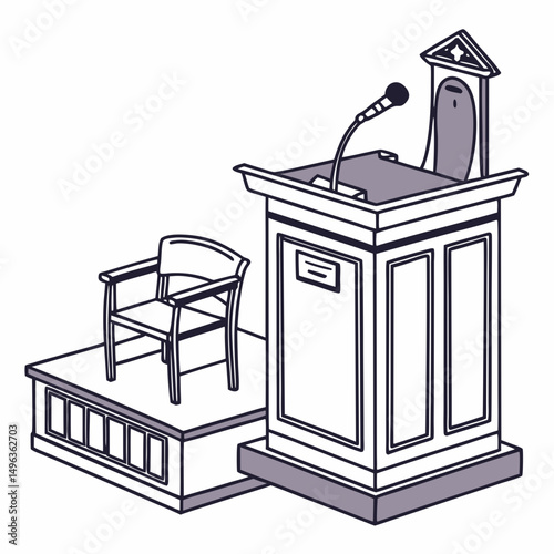 Podium with chair and microphone public speaking setup