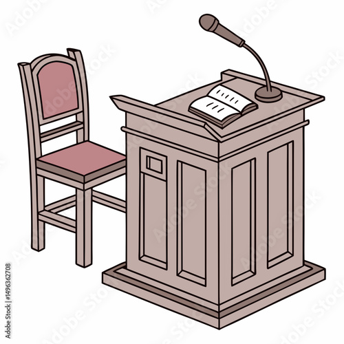 Wooden lectern with microphone and chair