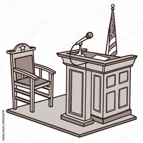 Podium with chair and american flag illustration