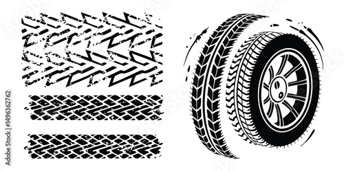 Tire tread marks, texture, tire marks - car races, motocross, drift, rally, off-road and other. Vector black isolated texture in grunge style with splashes. Black and white vector .