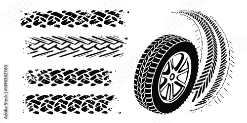 Tire tread marks, texture, tire marks - car races, motocross, drift, rally, off-road and other. Vector black isolated texture in grunge style with splashes. Black and white vector .