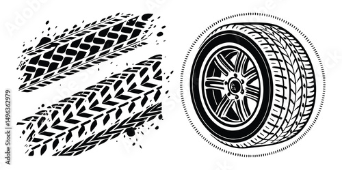 Tire tread marks, texture, tire marks - car races, motocross, drift, rally, off-road and other. Vector black isolated texture in grunge style with splashes. Black and white vector .
