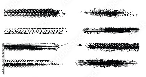 Tire tread marks, texture, tire marks - car races, motocross, drift, rally, off-road and other. Vector black isolated texture in grunge style with splashes. Black and white vector .