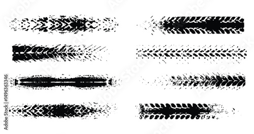 Tire tread marks, texture, tire marks - car races, motocross, drift, rally, off-road and other. Vector black isolated texture in grunge style with splashes. Black and white vector .