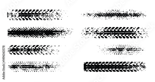 Tire tread marks, texture, tire marks - car races, motocross, drift, rally, off-road and other. Vector black isolated texture in grunge style with splashes. Black and white vector .