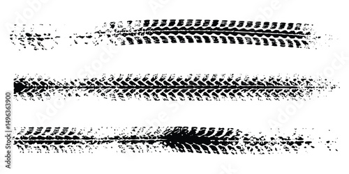 Tire tread marks, texture, tire marks - car races, motocross, drift, rally, off-road and other. Vector black isolated texture in grunge style with splashes. Black and white vector .