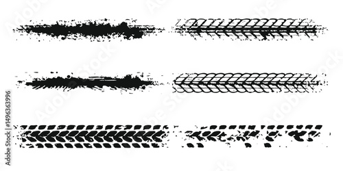 Tire tread marks, texture, tire marks - car races, motocross, drift, rally, off-road and other. Vector black isolated texture in grunge style with splashes. Black and white vector .