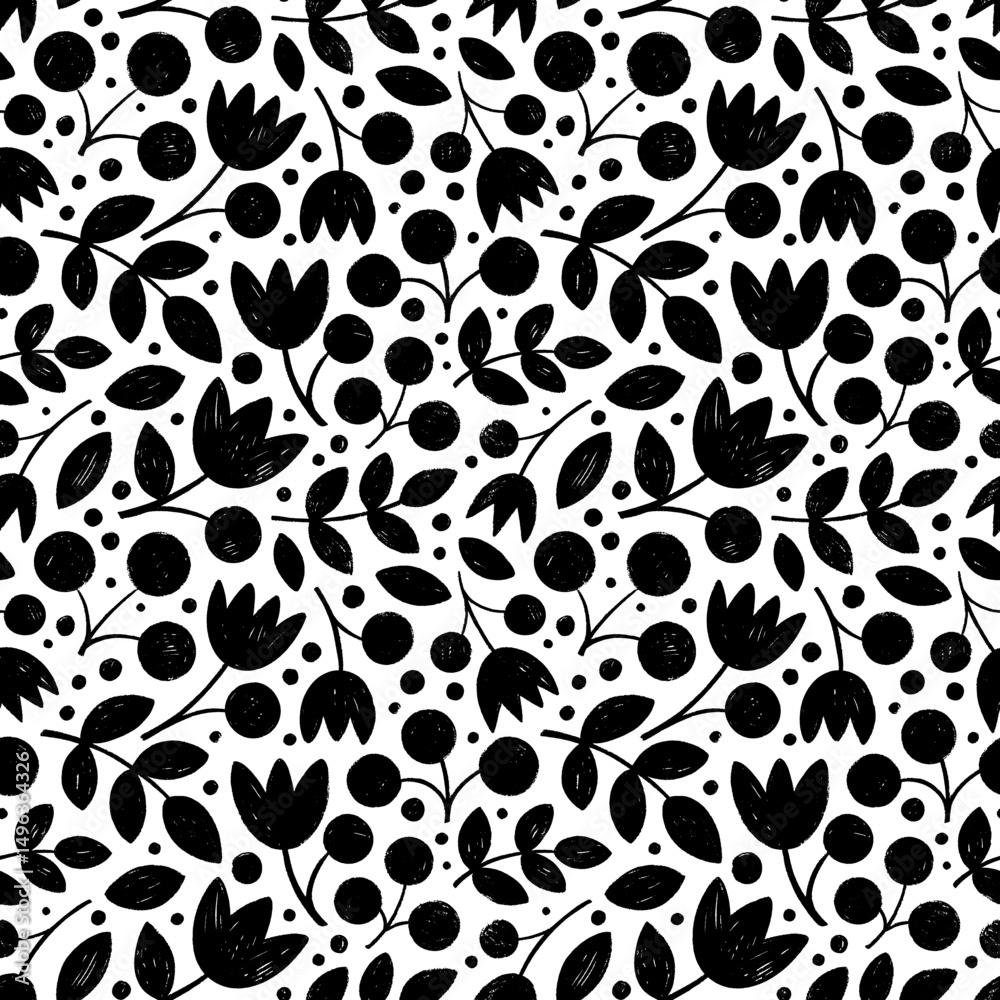 Fototapeta premium Floral decorative seamless pattern with crayon drawn flowers, branches, leaves and berries. Doodle abstract ethnic flowers. Vector botanical wrapping paper. Decorative plants with pencil texture.