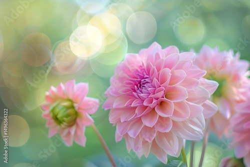 Beautiful dahlia flowers in bloom with soft pink petals and bokeh background