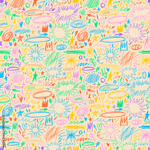 Colorful childish crayon drawn doodle seamless pattern. Funky shapes and inky drawings.