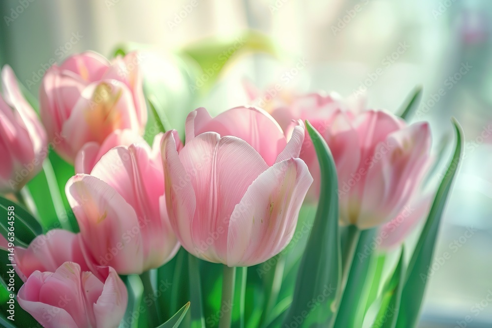 Fototapeta premium Beautiful pink tulips in full bloom against a softly lit background