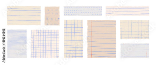 Crayon drawn grid and lines notebook papers and colored notes. Hand drawn funky stickers with various simple textures.