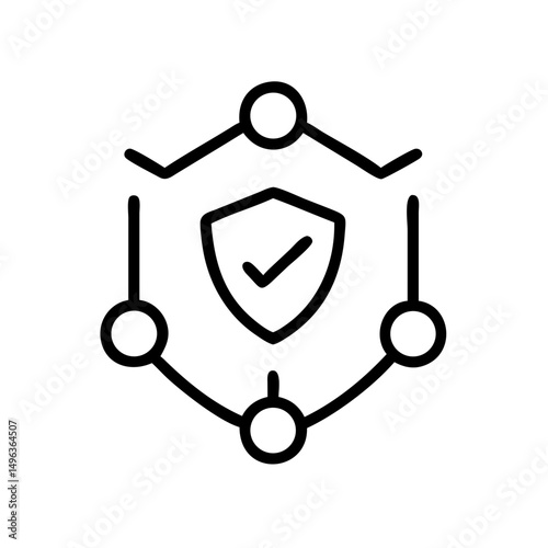 minimalist icon depicting a shield with a checkmark, surrounded by a connected network of nodes. Ideal for websites/blogs about cybersecurity, data protection, network security, or digital safety.