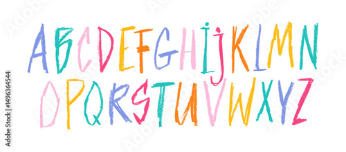 Colorful funky kids English alphabet with crayon or chalk texture. Hand drawn doodle vector childish font for school and kindergarten banner design, posters. Playful colorful naive alphabet.