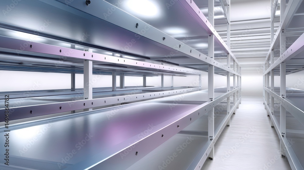 Obraz premium Warehouse Shelves Storage Rack System. Abstract architecture background. Inventory management, logistics and supply chain solutions.