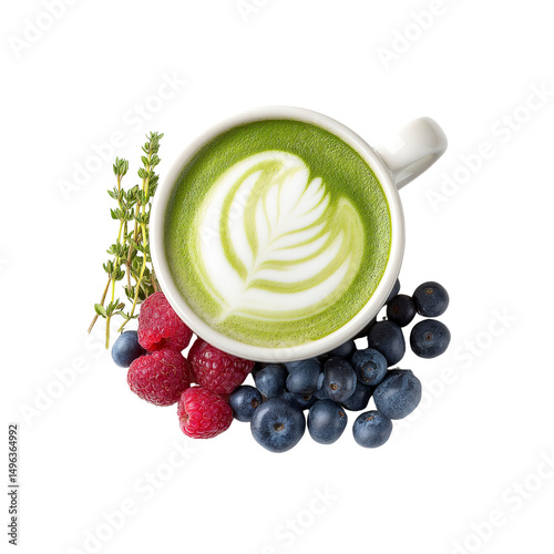 Matcha Latte with Raspberries and Blueberries - Overhead View
