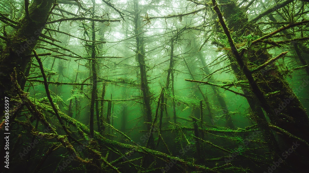 Fototapeta premium Enigmatic Underwater Forest Moss-Covered Trees in a Misty Green Lagoon.
