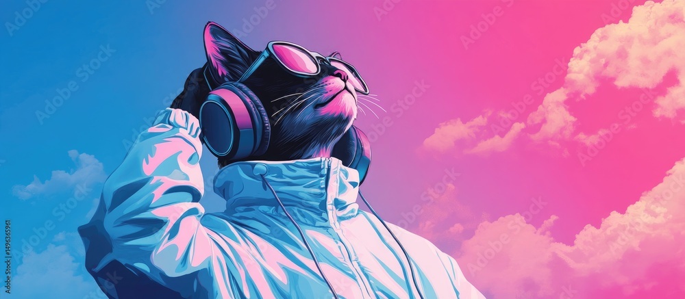 Obraz premium Generative AI illustration of fantasy character with cat head in sunglasses and headphones wearing white jacket listening to music