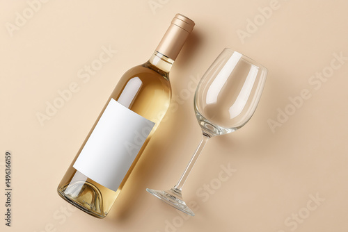 A bottle of white wine with a blank mockup label with an elegant wine glass on a neutral beige background
