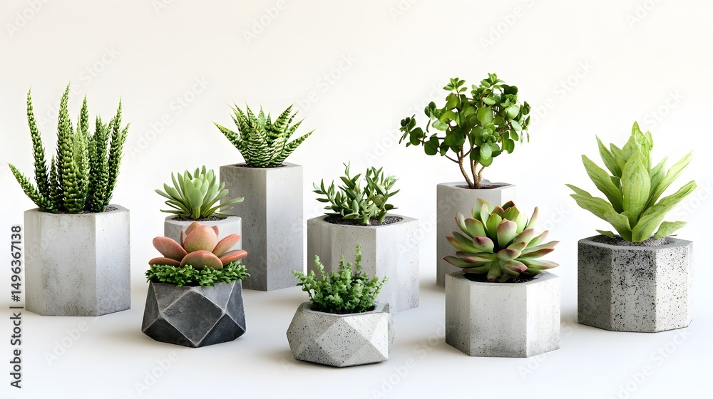 Fototapeta premium Geometric concrete planters displaying various succulents.