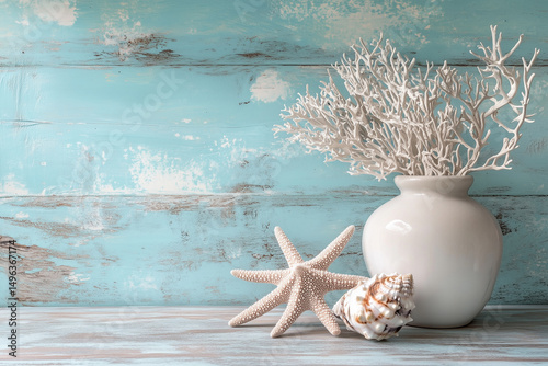 Still life with seashells, starfish, and sea salt evokes a serene summer beach vacation
