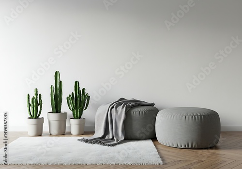 Interior with cacti and pouf seating