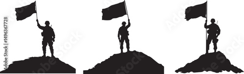 Silhouette of Soldier Holding Flag on Mountain Peak Vector silhouette