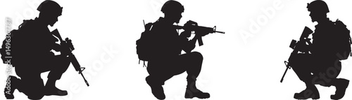 Silhouette of Armed Soldiers Kneeling with Rifles in Combat Pose Vector silhouette
