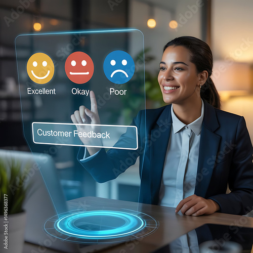A professional woman interacts with a virtual interface, selecting from smiley face feedback options (Excellent, Okay, Poor), representing customer service evaluation, user experience, and satisfactio