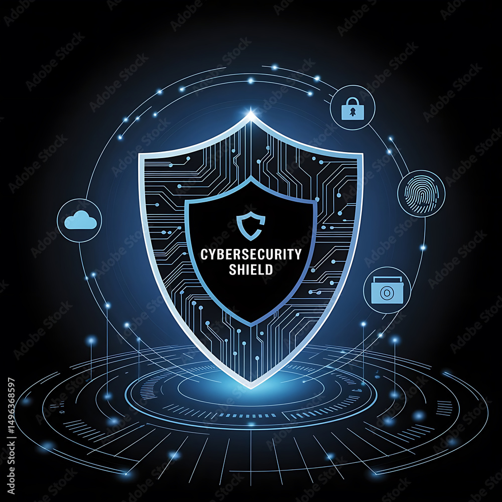 Fototapeta premium A glowing digital shield labeled “Cybersecurity Shield” is surrounded by icons representing cloud, lock, and data, symbolizing the protection of digital systems, data privacy, and secure networks in a