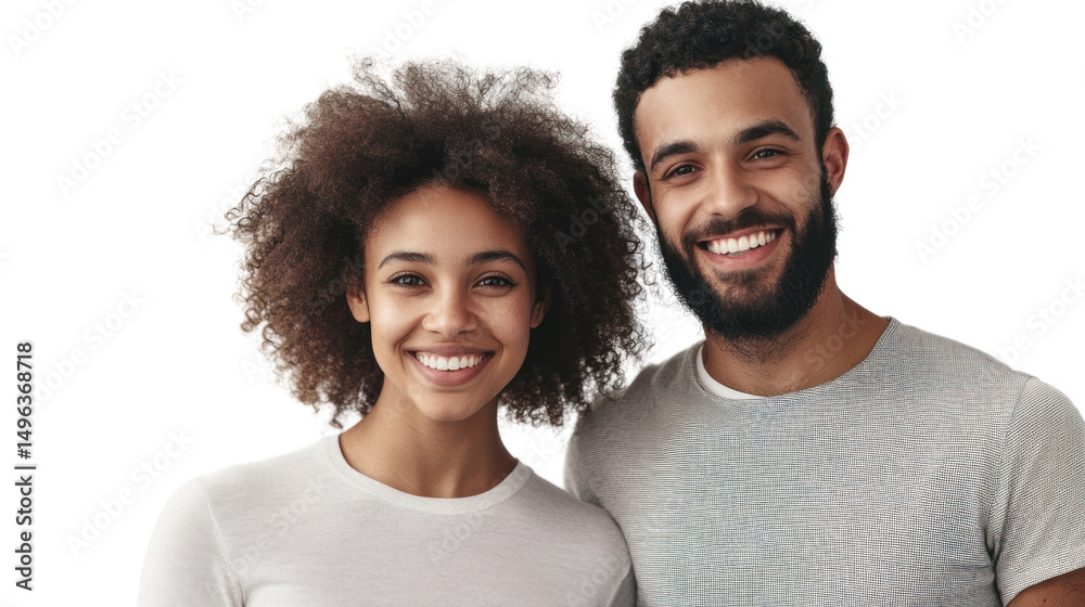 Obraz premium A happy couple smiles at the camera, showcasing warmth and connection, isolated on a white background.
