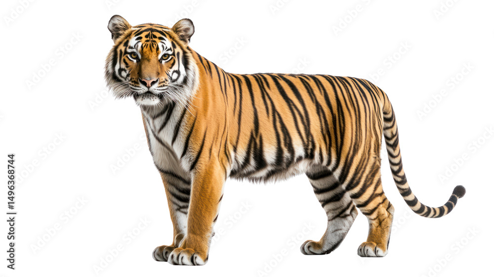 Obraz premium A majestic tiger standing confidently, showcasing its vibrant orange fur and striking black stripes.