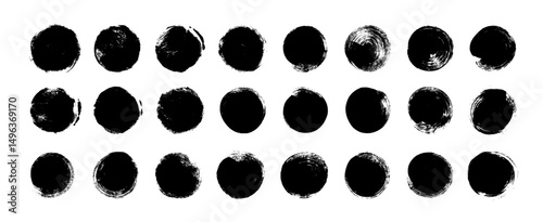 Circle grunge stamps and seals set. Hand drawn rough round shapes, black sun symbols, circle brush strokes and dots. Japanese or Chinese calligraphy round shapes isolated on white background.
