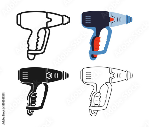Construction electric hair dryer icon symbol set. Modern repair tool hot gun for builder, home renovation. Powerful hairdryer tool construction sign professional stylized cartoon vector illustration