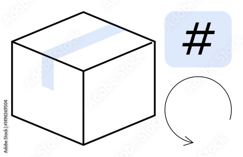 Cardboard box, metadata tag in speech bubble, recycling arrow forming circle. Ideal for e-commerce, delivery, logistics, sustainability, social media, branding shipping simple landing page