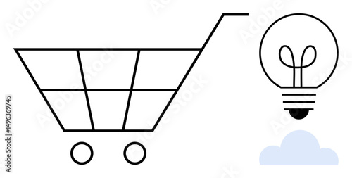 Shopping cart, light bulb, and small cloud symbolizing innovation, online shopping, and creativity. Ideal for e-commerce, digital marketing, technology, entrepreneurship sustainability start-ups