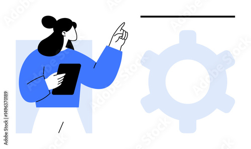 Woman with tablet gesturing towards gear, representing collaboration, strategy, innovation, decision-making, industry, digital tools, and technology. Ideal for teamwork workflow innovation