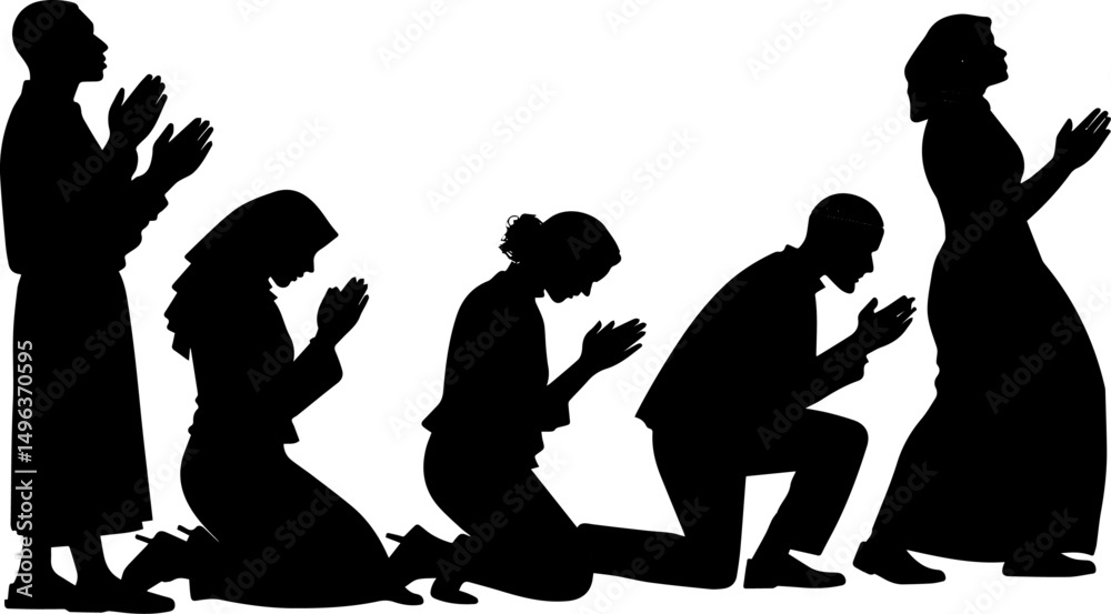 Obraz premium Group of People Praying Silhouette, Diverse Worship and Spiritual Unity Illustration