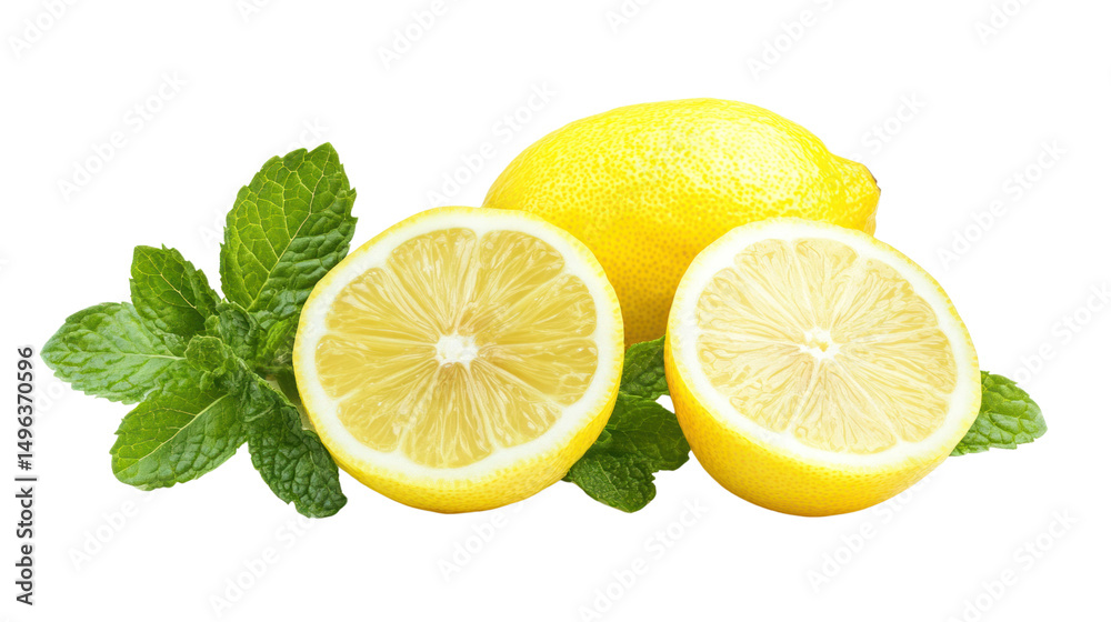 Fototapeta premium Fresh lemon slices with green mint leaves on a white background.