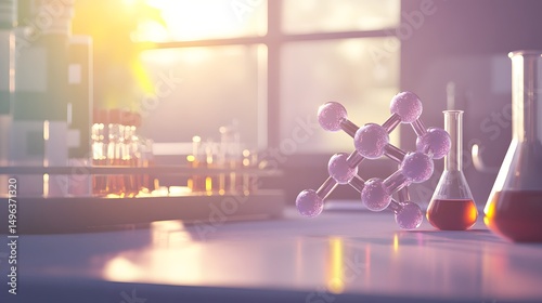 Laboratory scene with scientific model and glassware.