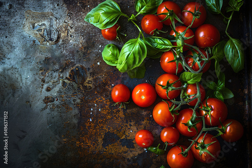 Fresh vine-ripened tomatoes and basil on a rustic textured surface