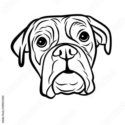 Black and White Line Art of a Boxer Dog Face – Hand Drawn Vector Illustration of Sad Puppy Expression