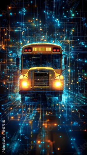 A yellow school bus drives through a vibrant, digital circuit-board landscape, glowing with energy and data streams