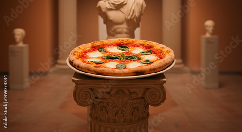 Delicious margherita pizza on pedestal in art gallery museum food photography italian cuisine restaurant