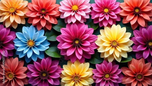 Intricate dahlia blooms, vibrant colors, repeating pattern, background, red, closeup