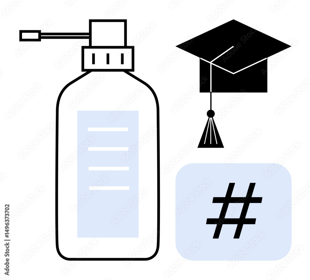 Obraz premium Hand sanitizer bottle, black graduation cap with tassel, and metadata tag symbol in a minimalist style. Ideal for health, education, social media, e-learning, hygiene awareness, modern communication