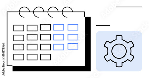 Calendar with marked dates and adjacent gear icon symbolizing scheduling, automation, or task optimization. Ideal for time management, planning, organization, workflow, automation, settings simple