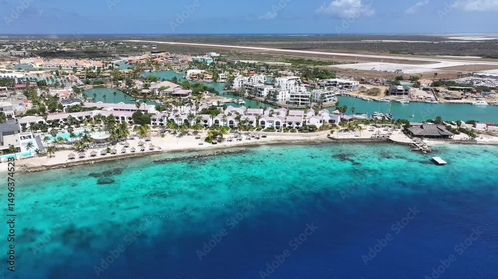 Caribbean Houses In Kralendijk Bonaire Netherlands Antilles. Drone Point Of View Showing Popular Residential Houses. Deserted Skyline Peaceful Wanderlust. Deserted Watercolor Shore.